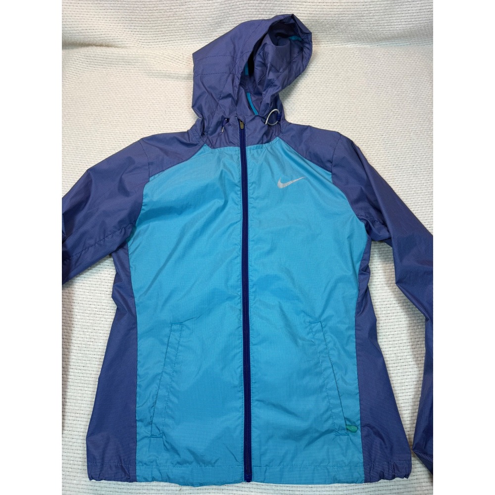 Nike Running Women Small Blue Purple Grid Hooded Windbreaker Jacket Full Zip